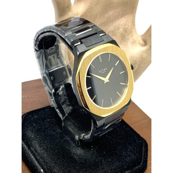 Vitae London Men's Watch Ada 141 Black Dial Gold Bezel Quartz Stainless Steel - Picture 2 of 14